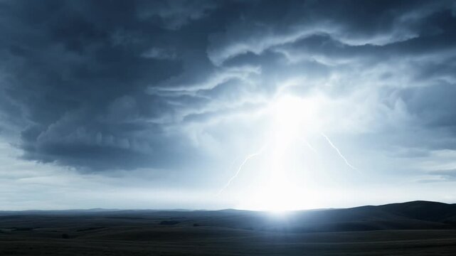 Powerful Lightning Strike Illuminates Dark Stormy Sky Over Vast Landscape During Intense Thunderstorm.