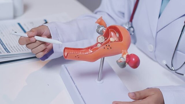 Doctor holding human uterus model for vaginal and cervix pap smear check up in the obstetrics and gynecology.