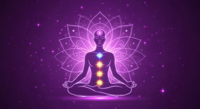 Meditating Person with Glowing Chakras in Purple Background