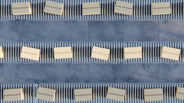 Automated conveyor belt system showing a continuous looping flow of packages, symbolizing modern industrial logistics, efficient shipping, and streamlined supply chain operations