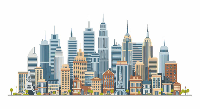 Stylized urban skyline featuring iconic tall buildings and a replica Eiffel Tower