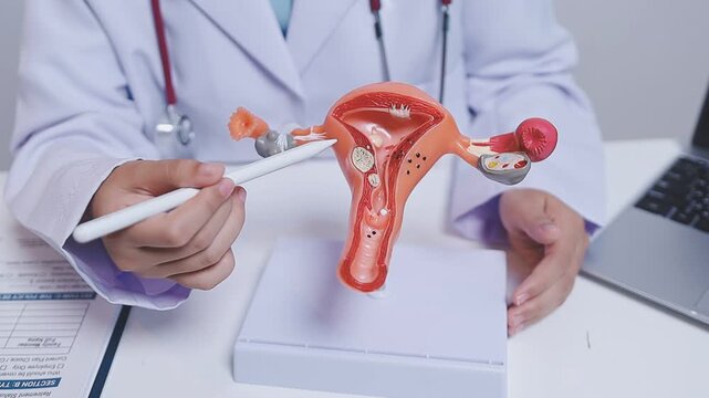 Doctor holding human uterus model for vaginal and cervix pap smear check up in the obstetrics and gynecology.