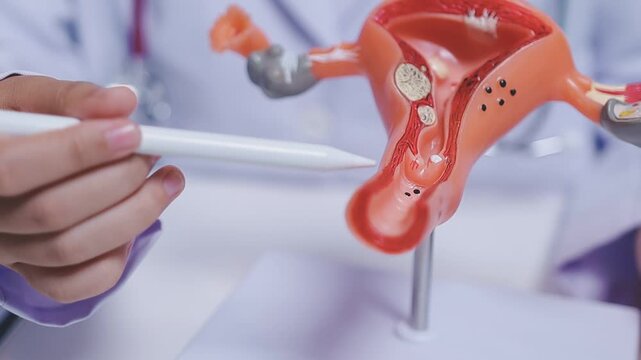 Doctor holding human uterus model for vaginal and cervix pap smear check up in the obstetrics and gynecology.