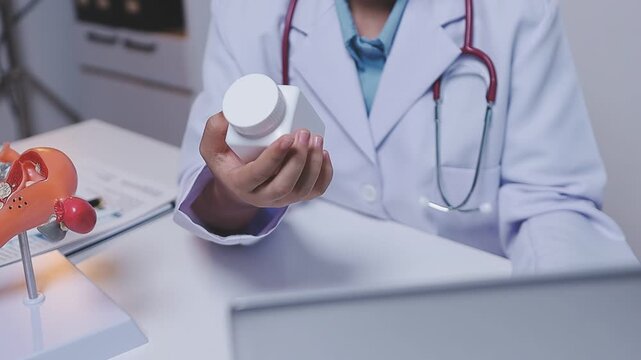 Doctor holding human uterus model for vaginal and cervix pap smear check up in the obstetrics and gynecology.