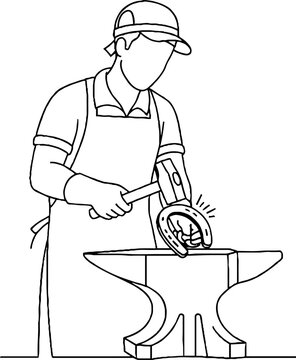 Blacksmith forging metal on anvil with hammer and tongs.