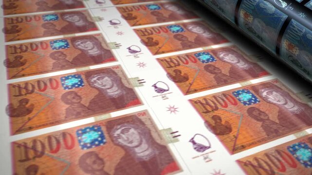 North Macedonia denars money banknotes printing roll machine loop. Paper 1000 MKD bank note print 3d looping seamless. Abstract concept of banking, finance, economy and crisis.