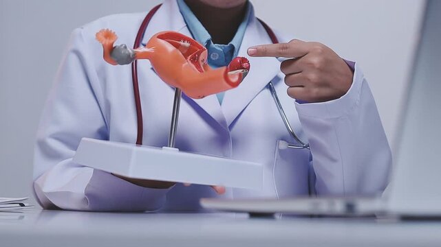 Doctor holding human uterus model for vaginal and cervix pap smear check up in the obstetrics and gynecology.