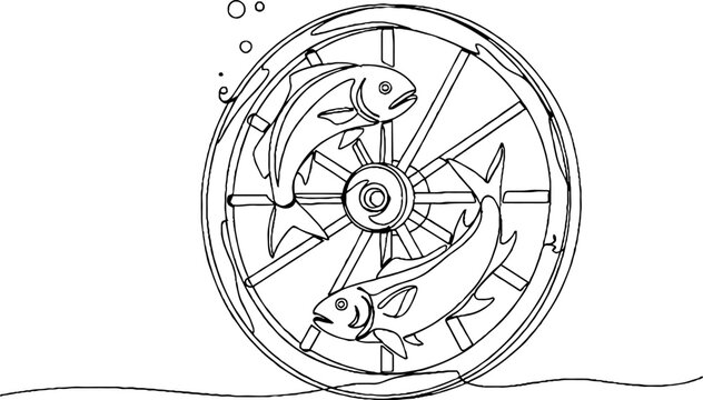 Antique Wooden Waterwheel with Fish and Bubbles Illustration.