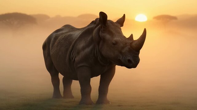 Majestic White Rhinoceros Standing in Misty African Savannah at Golden Sunrise.