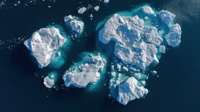 Intricate aerial patterns of numerous icebergs and smaller floes