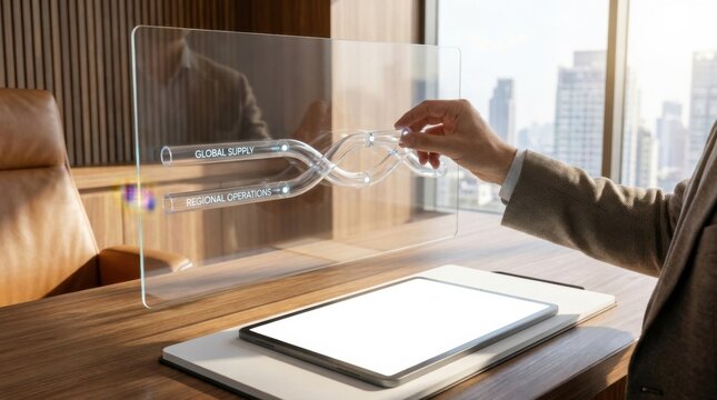 Individual holding a glass device symbolizing technological advancement in supply chain realignment concepts