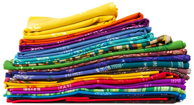 Stack of folded colorful fabric textiles arranged neatly on isolated white surface.