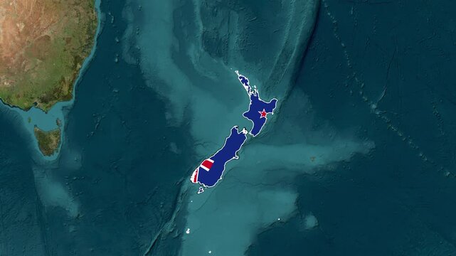 New Zealand map highlighted with its flag over the ocean and Australia in the distance