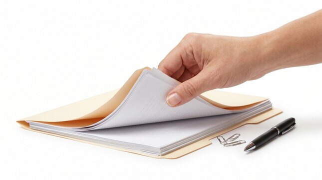 Focused Hand Organizes Vital Documents in a Manilla Folder, Enhancing Workplace Efficiency and Information Management