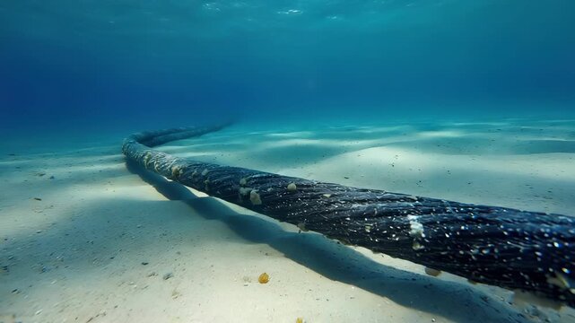 Submerged pipeline resting on bright sandy seafloor under clear blue ocean water, depicting underwater exploration and hidden depths.
