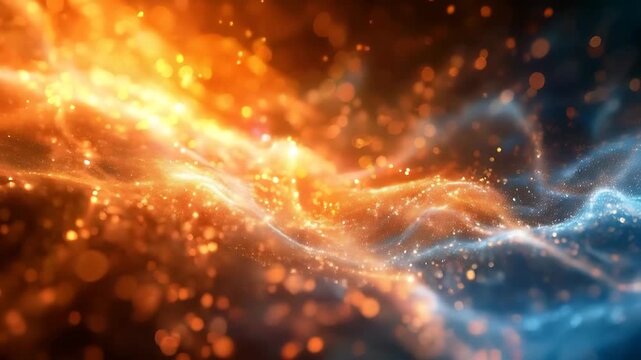 Abstract background of vibrant glowing orange and blue particles and light waves, suitable for energyrelated designs and digital concepts. Bright ethereal texture.