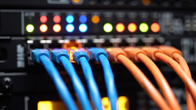 Close up of blue and orange network cables connected to a server switch in a data center with glowing LED status lights