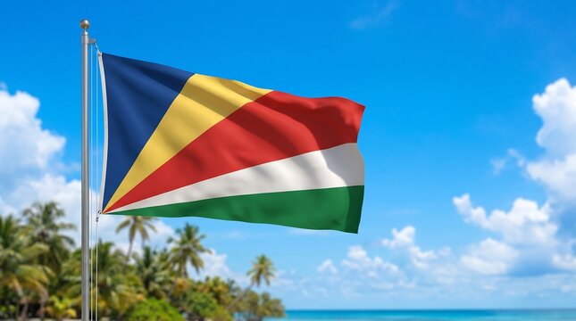 National flag of Seychelles waving on flagpole with tropical island beach background and clear blue sky
