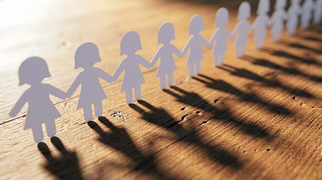 Paper Doll Children Casting Long Shadows on Wood, Symbolic Togetherness and Community Support