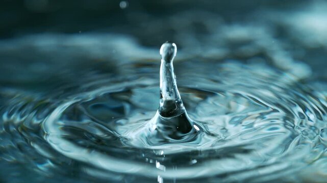 Macro close-up of a falling water drop creating a splash and ripples on a clear water surface. High-speed capture revealing fluid motion, transparency, and intricate details.