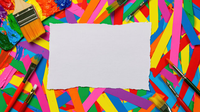 Blank flyer colorful paper art table paint brush creative workshop rainbow background paper craft poster mockup paper sheet craft supply bright