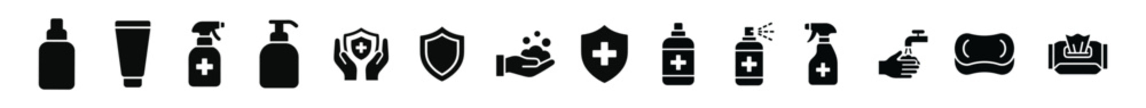 Set of black silhouettes of hand hygiene and protection icons including sanitizer bottles, soap, spray, shield, sponge, and wipes on transparent background