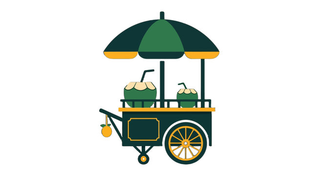Vintage green beverage cart with large umbrella and drinks.