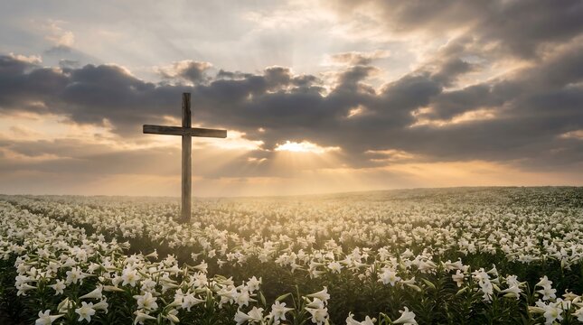 Wooden Christian cross in a field of white lilies under a dramatic sunrise sky with sunbeams