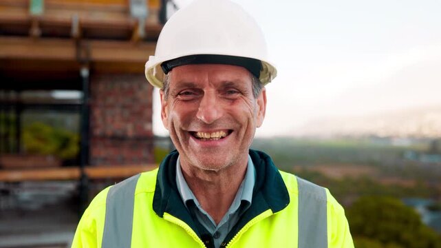 Helmet, man and face of construction manager on site with confidence for industrial career. Happy, hardhat and portrait of mature civil engineer with pride for about us with maintenance on building.