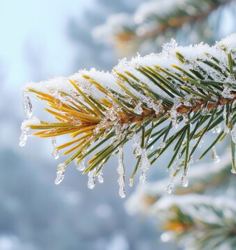 Low angle close-up of pine branches covered with snow and ice