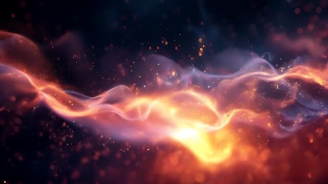 Abstract golden particles and glowing orange smoke swirls on a dark blueblack background suitable for backgrounds, design elements, and digital art projects.