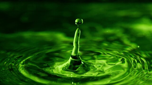 Macro close-up of a falling water drop creating a splash and ripples on a clear water surface. High-speed capture revealing fluid motion, transparency, and intricate details.