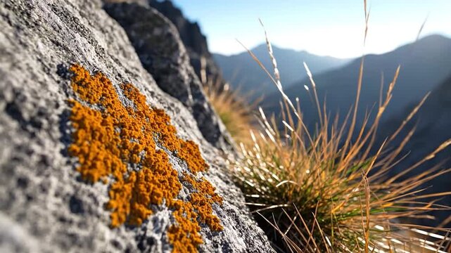 Close up of bright orange lichen on a rock with mountains in the background