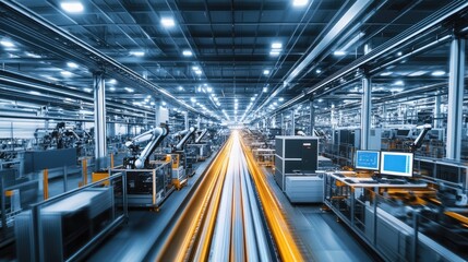 Obraz premium Interior of a high-tech manufacturing factory with emphasis on robotics and automation