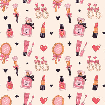Coquette aesthetic seamless vector pattern featuring makeup cosmetics such as lip gloss, lipstick, nail polish, perfume, makeup brush, earrings and mirror elements