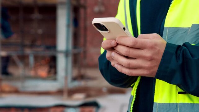 Architect, typing and hands with phone at construction site, research or communication with contact. Civil engineer, outdoor and person with mobile for chat, online and plan for property development