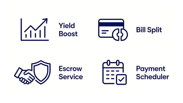 Revenue column, split bank card, custody shield and calendar check, representing revenue increase AA payment timed payment, suitable for payment and wealth management apps.
