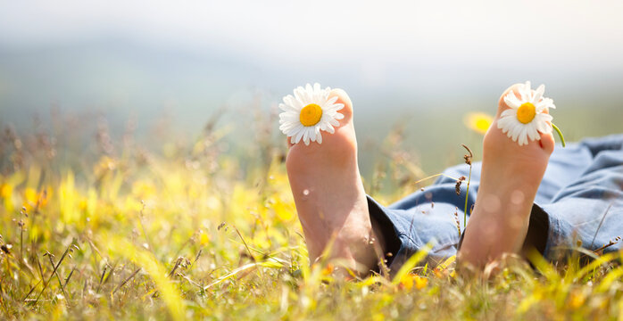 Child with daisy between toes lying in meadow relaxing in summer sunshine