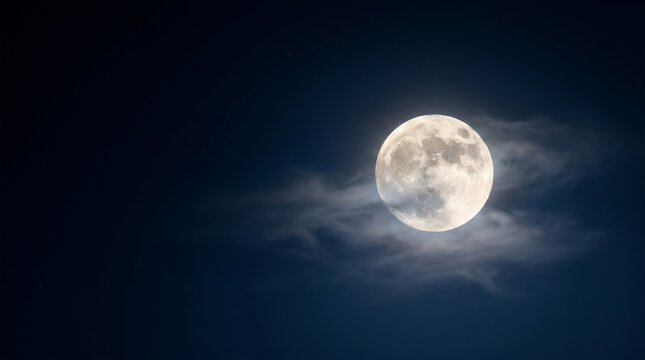A bright full moon shines through wispy clouds against a dark night sky.