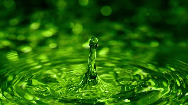 Macro close-up of a falling water drop creating a splash and ripples on a clear water surface. High-speed capture revealing fluid motion, transparency, and intricate details.