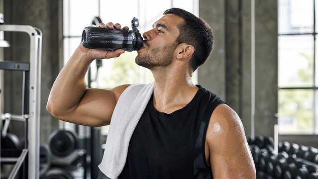Muscular Athlete Drinking Water from Shaker Bottle in Gym