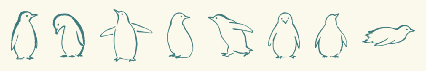 Hand drawn rough sketch of penguin set, loose ink drawn bird characters in various poses and waddling expressions. Whimsical arctic wildlife illustration graphic vector set © shital