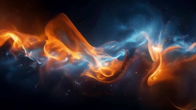 Swirling orange fire plumes contrast deep blue nebula clouds, vibrant cosmic energy. Perfect for scifi book covers or digital backgrounds.