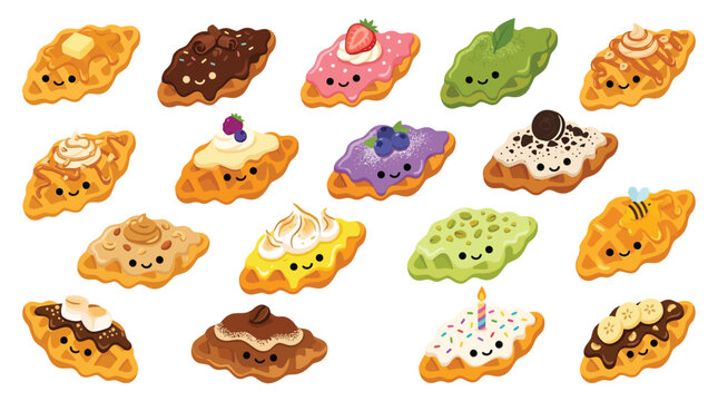 Collection of Cute Kawaii Waffles with Various Toppings and Happy Faces.