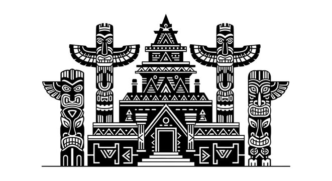 Stylized Indigenous Longhouse and Totem Poles Vector Illustration in Black and White Tribal Art Style