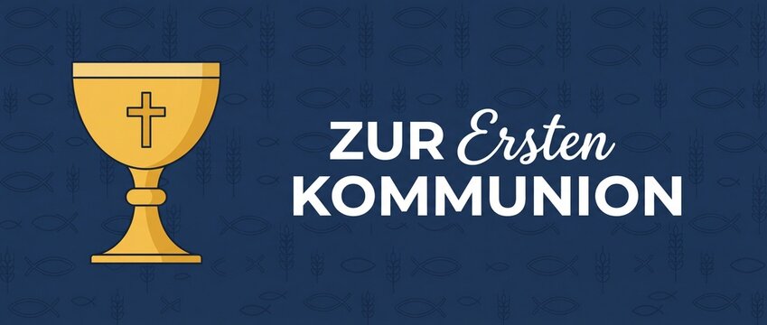First holy communion golden chalice banner with cross and German text Zur Ersten Kommunion on dark blue background with Christian fish and wheat symbols for religious celebration invitation background
