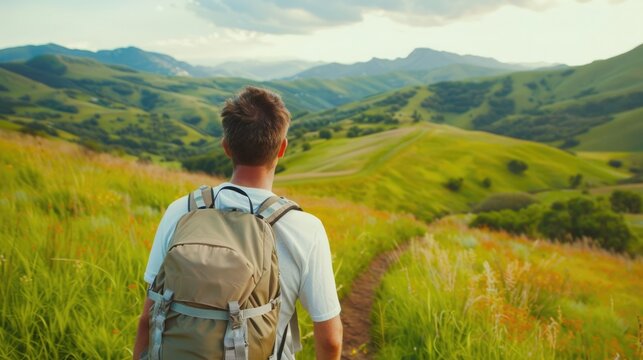 A lone hiker with a backpack traverses a winding dirt path through lush green mountains and valleys bathed in warm sunset light embodying adventure and outdoor explo n