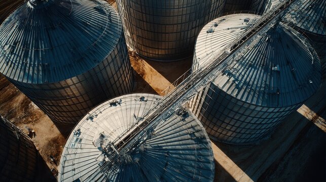 Sunlit Aerial View of Industrial Grain Storage Silos with Conveyor System
