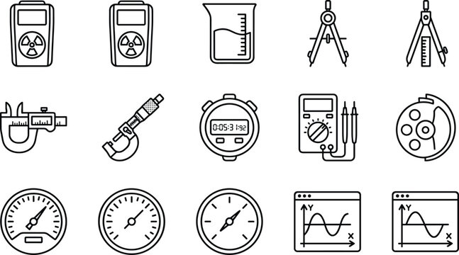 Scientific Measuring Engineering and Laboratory Tool Icon Set Featuring Radiation Meters Vernier Calipers Micrometers Gauges Stopwatches and Technical Graphs
