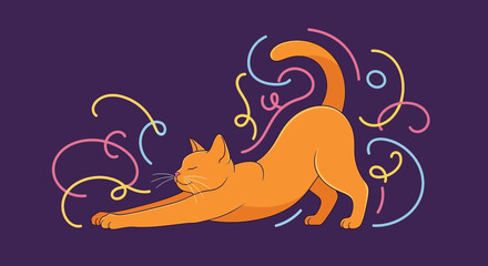 Cute Orange Cat Stretching Illustration on Purple Background © Muhammad Zayyan Rayy